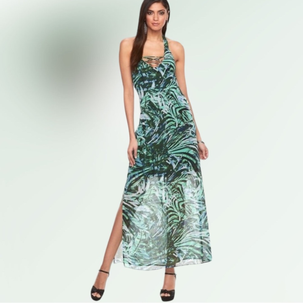 Jennifer Lopez Green "Palm Paradise" Halter Maxi Dress